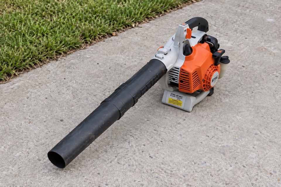 AI illustration of a STIHL handheld blower with white base and sticker on concrete beside grass