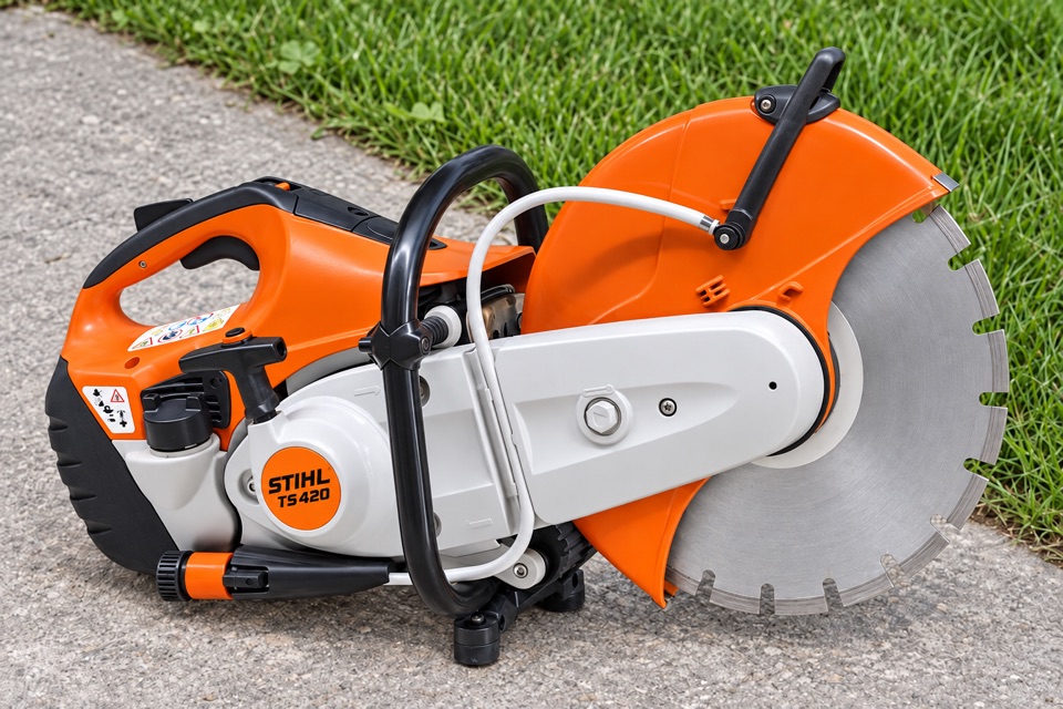 AI illustration of a clean STIHL cut-off saw on concrete beside grass