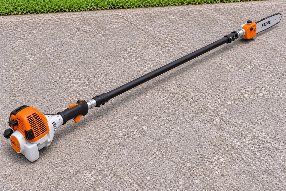 AI illustration of a STIHL pole pruner diagonally across concrete beside grass