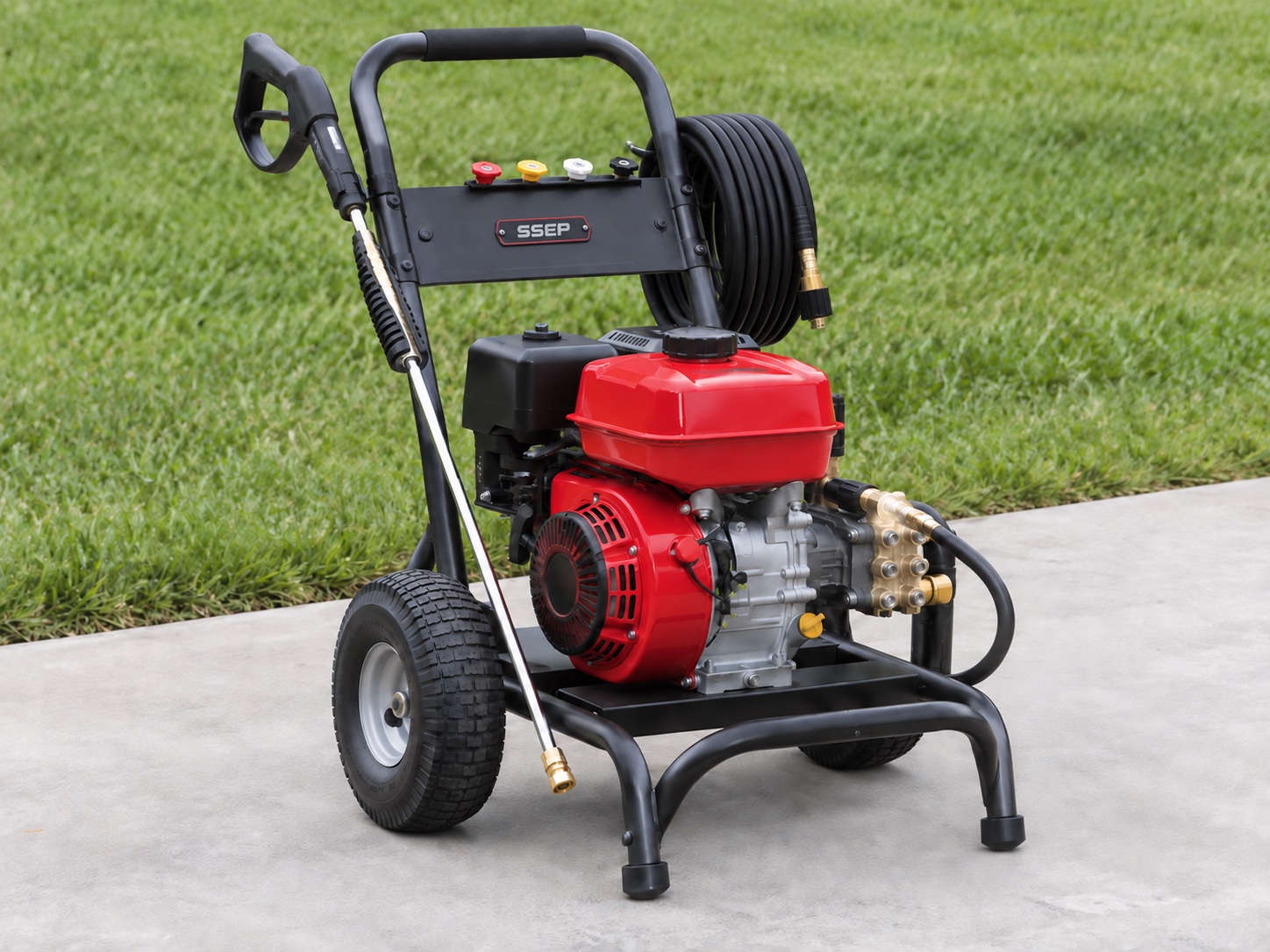 Realistic SSEP-branded red-and-black gas-powered pressure washer on concrete beside grass
