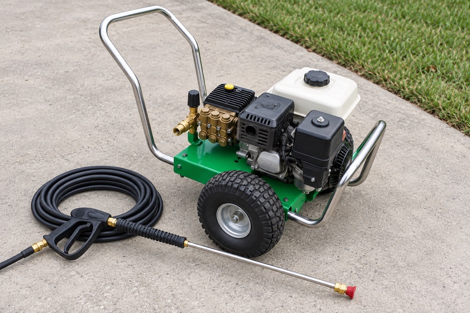 AI illustration of a green gasoline pressure washer with white fuel tank on concrete beside grass